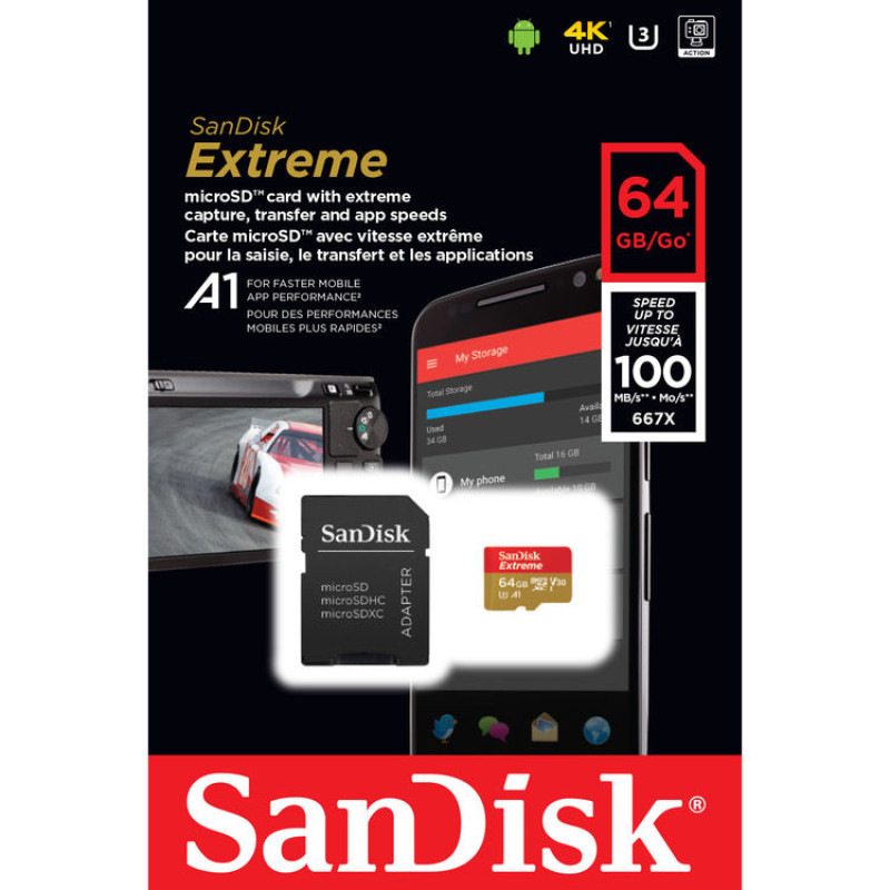 Карта памяти SanDisk 64GB Extreme UHS-I microSDXC Memory Card with SD Adapter